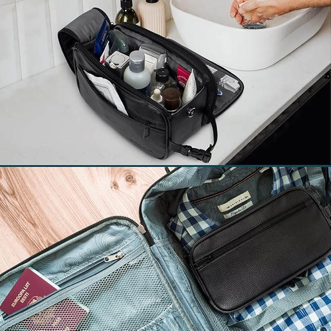 PAVILIA Toiletry Bag for Men, Travel Essentials Shaving Dopp Kit, Mens Travel Bag Toiletries Organizer Case for Grooming, PU Leather Water Resistant Cosmetic Bag Pouch (Black)