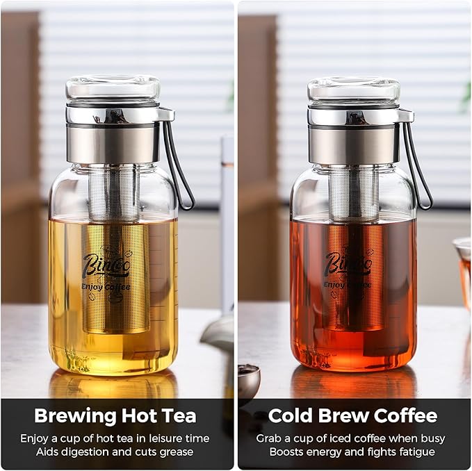 Bincoo Glass Cold Brew Coffee Maker with Extended Fine Mesh Filter, Tea Infuser Bottle Iced Coffee Maker with Thick Borosilicate Glass (750ml/24oz)