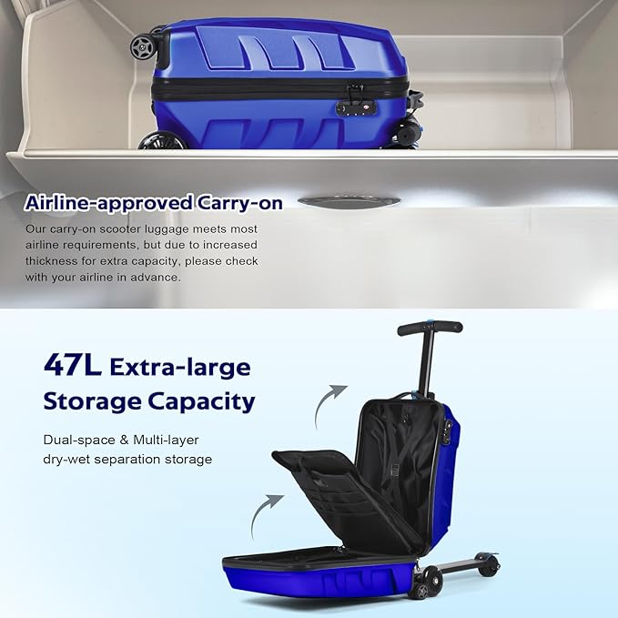Scooter Suitcase for Kids & Adults，3-D Hardshell Ride On Scooter Luggage with Led Light Up Wheels，TSA Lock，Lightweight Foldable Carry On Rideable Suitcase for Children Teenagers (Blue, 21-inch)