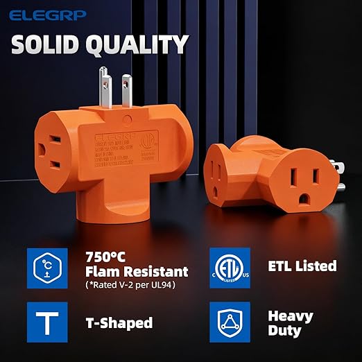 ELEGRP 3-Prong Heavy Duty Power Extender to Triple Outlet in T Direction, Multi-Directional Grounded Wall Tap Outlet Extender with 3 Prong Plug-in, 15-Amp, 125-Volt, ETL Listed, 3 Pack, Orange