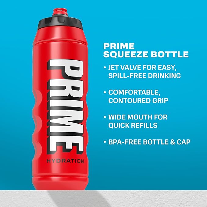 PRIME 32 oz Red Squeeze Sports Water Bottle, BPA Free, Dishwasher Safe, Easy-Grip Ergonomic Leakproof Design, Fast Hydration for Gym, Cycling, Running