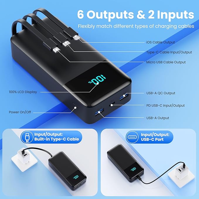 Portable Charger 50,800mAh Power Bank, 25W PD QC 4.0 Fast Charging Portable Phone Charger with Built-in Cables,Travel Camping Essential USB C Battery Pack for iPhone 16/15/14/13/12,Android Galaxy etc