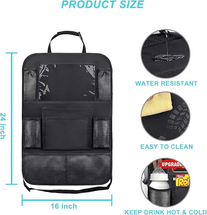 Matenf Car Organizer Back Seat with 9 Storage Pockets & 10″ Tablet Holder, 1Pack Seat Back Cover for Kids Toddlers, Kick Mats Protector, Keep Cars Vehicles Organized & Tidy, Travel Accessories