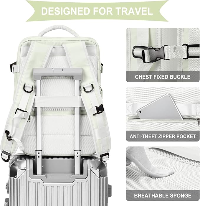 WONHOX Large Travel Backpack Women, Carry On Backpack, Hiking Backpack Waterproof Outdoor Sports Rucksack Casual Daypack with USB Charging Port Shoes Compartment, Moon White