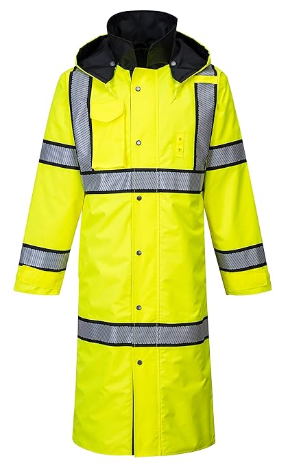 Portwest UH447 Waterproof Reversible Raincoat Hi Vis Reflective Long Safety Rain Jacket Yellow/Black, Small