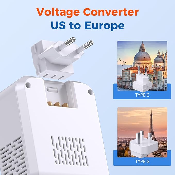 2000W Voltage Converter US to Europe for Hair Dryers, 7-in-1 220V to 110V Converter for European Travel with 3 AC/2 USBA/2 USBC Ports (PD20W), Universal Travel Adapter with Type C G Plug (White)