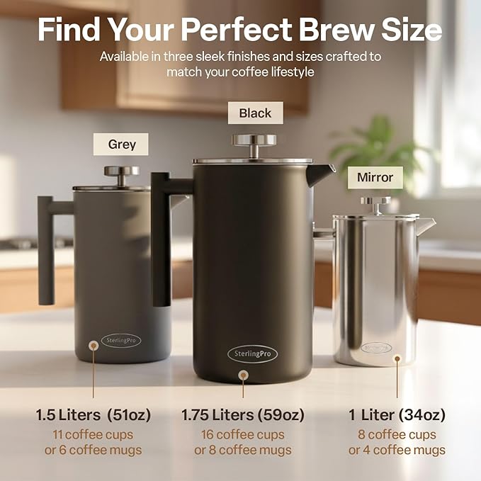 SterlingPro Stainless Steel French Press Coffee Maker 1.75 L (59 oz) Mirror – Double Walled Insulated Extra Large French Press, Durable Design Keeps Drinks Hot, Easy to Use and Clean for Rich Flavor