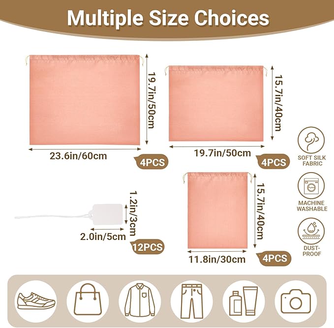 Ewen Pack of 12 Satin Drawstring Dustbags with Blank Tags, Dustproof Packing Pouch Set in Small Medium Large for Travel Essentials, Pink Orange Silk Bag for Handbags Clothes Purse Organization Storage