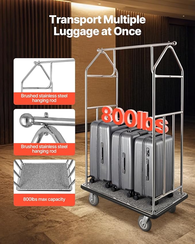 VEVOR Hotel Luggage Cart, Brushed Stainless Steel Finish Bellman's Cart, Valet Cart with Grey Carpeted Deck and 6-inch Rubber Wheels, Ideal for Hotels, Condos, Resorts, Silver