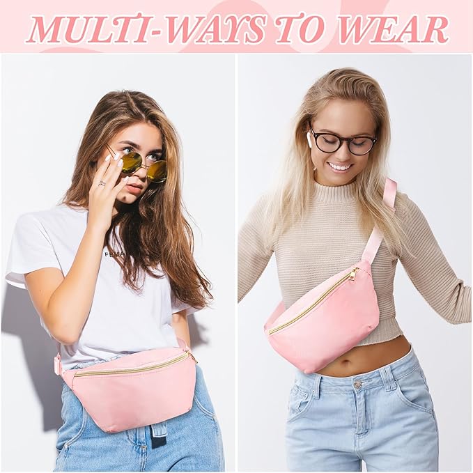 Amylove 9 Pieces Fanny Packs Nylon Waist Bag Zipper Travel Running Bag with Adjustable Strap for Women Men(Nylon,Pink)