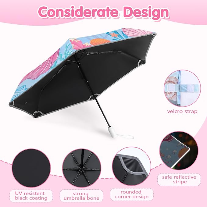 Kids Folding Umbrella Auto Open/Close Umbrellas for Rain Round Corner Safe Design UV Resistant Automatic Children Travel Umbrellas Reinforced Canopy 360° Reflective Strip Lightweight for Girls & Boys