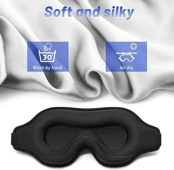 Sleep Eye Mask for Men Women, Sleeping Mask for Side Sleeper, Travel Blackout Night Blindfold Eye Shade Cover with Adjustable Strap (Black)
