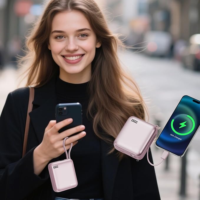 Hichain Small Portable Charger with Built in Cables LED Display, Mini Power Bank 10000mAh 22.5W USB-C Fast Charging Battery Pack, Travel Essential Power Bank for iPhone, iPad, Samsung, Android Pink