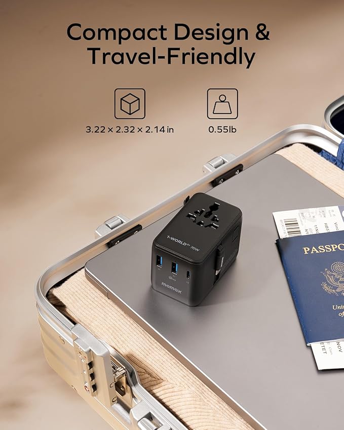 MOMAX 70W Universal Travel Adapter, 6-in-1 International Power Adapter with USB-C Retractable Cable, Dual-AC Plug Adapter PD Fast Charging Worldwide Wall Charger for US/UK/EU and Over 200 Countries