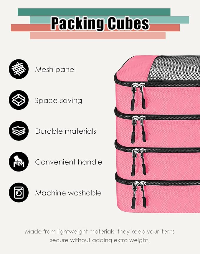 WTREE 4-Piece Packing Cubes Travel Accessories Set for Suitcases - Luggage Organizer Bags with Double Zipper - Mesh Top - Medium - Pink