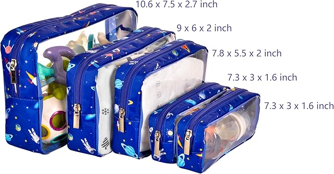 Remobia Hicol TSA Approved 5-Piece Diaper Bag Organizer Pouch Set Clear Waterproof TPU Kids Toiletry Storage Set Travel Packing Clutch Cube Bags for Baby Nursing(Astronaut)