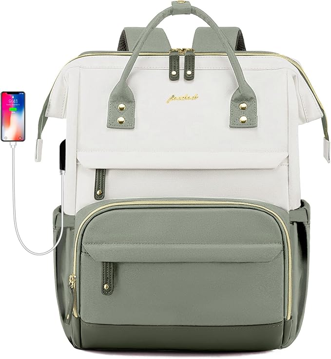 Laptop Backpack Women Work Bag: 15.6 inch Work Bookbag with USB Charging Port Large Travel Backpack Purse for College Nurse Casual Daypack for Teacher Professional Computer Backpack Beige Light Green