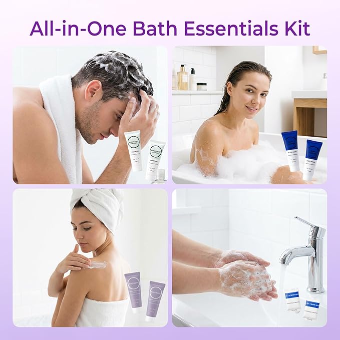 Toiletries Individually Wrapped Set Bulk, Travel Size 1 Fl oz Mini Body Wash Body Lotion Shampoo Conditioner 0.88 oz Bars Soap Toiletry Kit Guest Amenities for Hotel/Shelter/Homeless (Pack of 100)