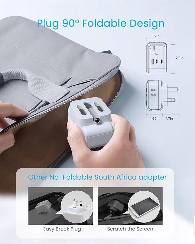 1 Pack South Africa Plug Adapter, VINTAR Foldable Type M Power Adaptor with 4 AC Outlets 3 USB Ports(2 USB C), Travel Essentials for US to Bhutan Namibia Nepal Malaysi