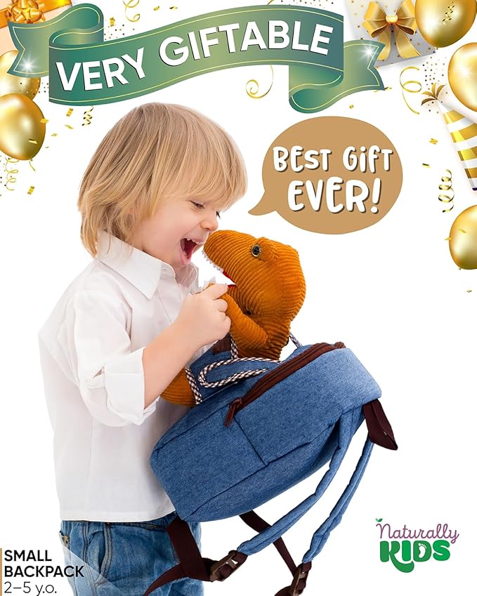 Naturally KIDS Toddler Backpack w Dinosaur Toys for Kids 2-4, 2 Year Old Boy Birthday Gift, 3 Year Old Boy Gift Girl, Toddler Dinosaur Toy