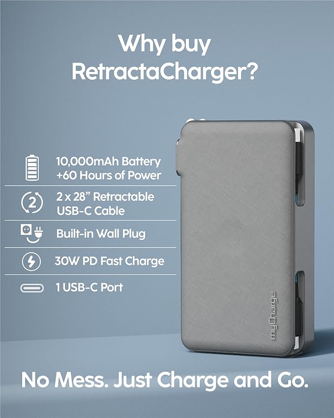 myCharge RetractaCharger 10000mAh Portable Charger Power Bank with 28-Inch Retractable 2 USB-C Cable | Built-in Wall Plug | 30W PD Fast Charging | USB-C & A Ports | Digital Display | Grey