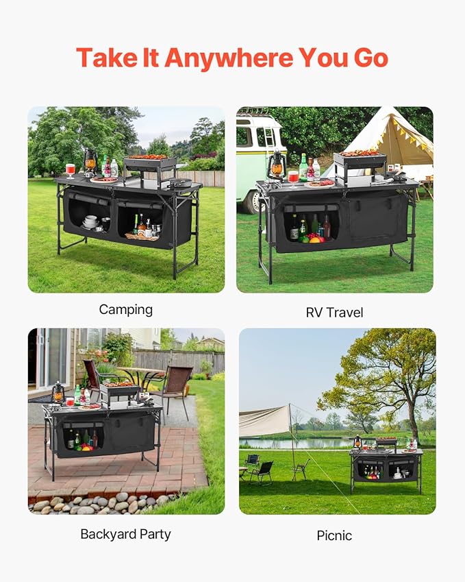 VEVOR Camping Kitchen Table, Folding Outdoor Cooking Table, 3 Adjustable Heights, Aluminum Lightweight Portable Cook Station with Storage Organizer, Carry Handle, for BBQ Party Picnic RV Travel, Black