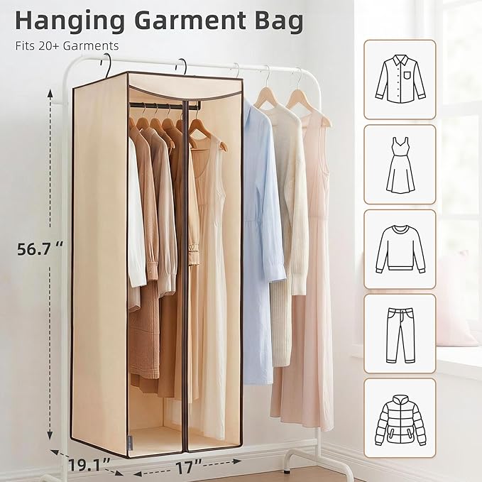 STORAGE MANIAC 57" Long Garment Bags for Hanging Clothes Garment Cover for Closet Storage, Large Hanging Garment Bag for Dresses, Suits, Coats, Zipper Cover with Sealed Clear Window, Beige 2 Pack