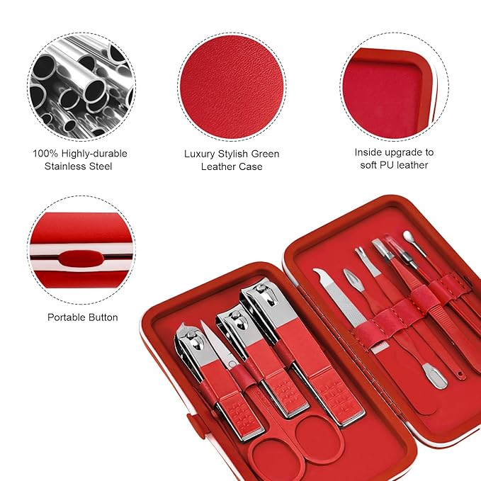 Manicure Set, Travel Mini Nail Clippers Kit Pedicure Care Tools, 10pcs Stainless Steel Grooming kit (Red)