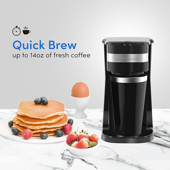 Elite Gourmet EHC111A Personal Single-Serve Compact Coffee Maker Brewer Includes 14Oz. Stainless Steel Interior Thermal Travel Mug,Compatible with Coffee Grounds,Reusable Filter,Black,(Pack of 6)