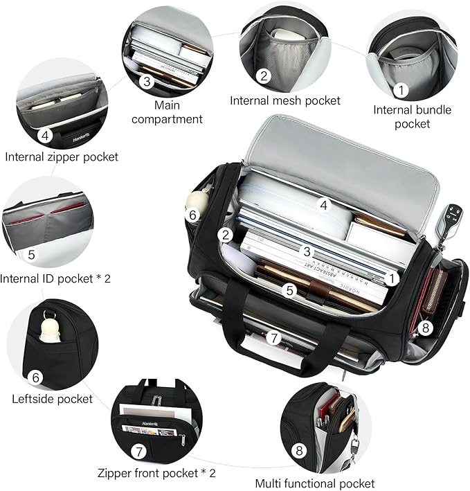 Hanke Small Travel Duffel Bag, Under Seat Carry On Personal Item Bag with 11 Pockets, Lightweight Water Resistant Foldable Weekender Bag with Trolley Sleeve for Travel Gym Daily Use（Black）