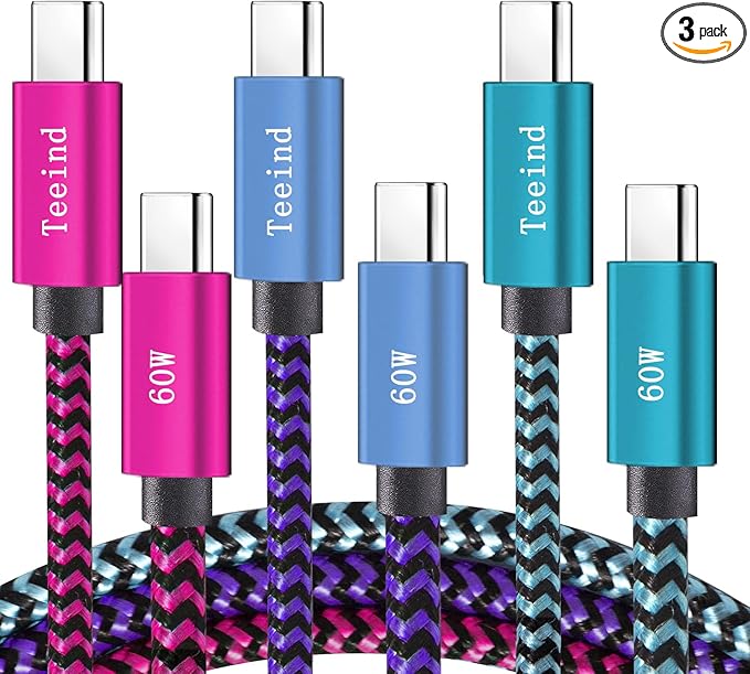 Teeind Type C Cable Fast Charging, Tpc002 3 Pack(3Ft/0.9M 60W) C to Type C Charger Nylon Braided Cord Compatible with iPhone 17/17 pro, 16/16 pro, MacBook, Samsung Galaxy S25/24/23/22, for Daily Use