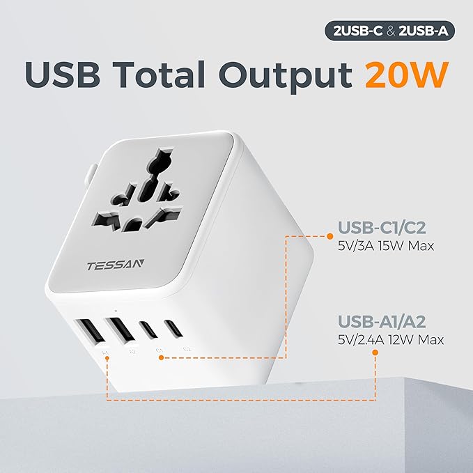 TESSAN Universal Travel Adapter, International Power Adapter with 2 USB C 2 USB A Ports, Travel Plug Adaptor Worldwide for US to Europe UK Italy Ireland Australia France Germany(Type C G A I)
