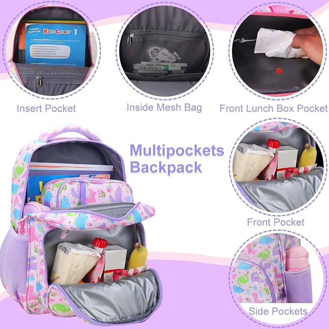 RHCPFOVR Kids Backpack for Girls - Girls Backpack 3-8 Ages Dinosaur for Kids 15 Inch School Bookbag for Kindergarten Elementary School Bookbag for Girl 1st 2nd Grade