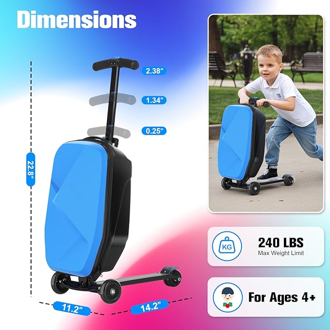 smilesun Scooter Luggage For Kids & Adults， Hardside Ride On Suitcase For Kids Ages 4-15 Multifunctional Lightweight Foldable Carry On Luggage With Wheels Ride On For Children Teenagers（Light Blue）