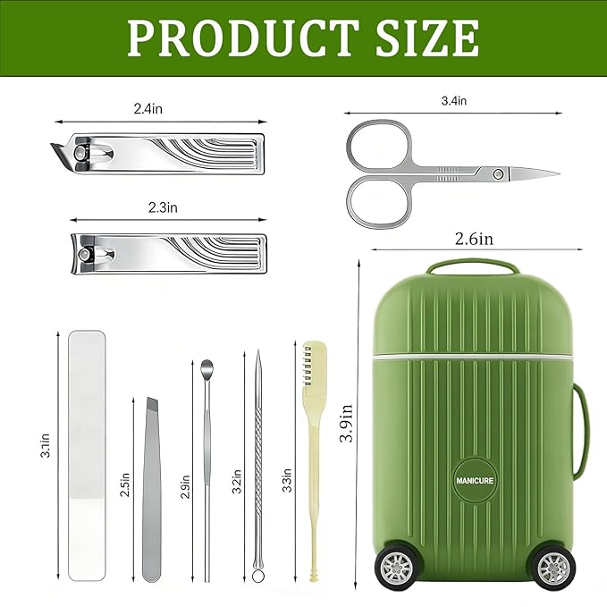 8-Piece Manicure Set in Mini Suitcase, Cute Travel Nail Clipper Kit with Stainless Steel Tools, Portable Grooming Care for Car Console, Office Desk Decor & Unique Gift, Olive Green, 3.9"