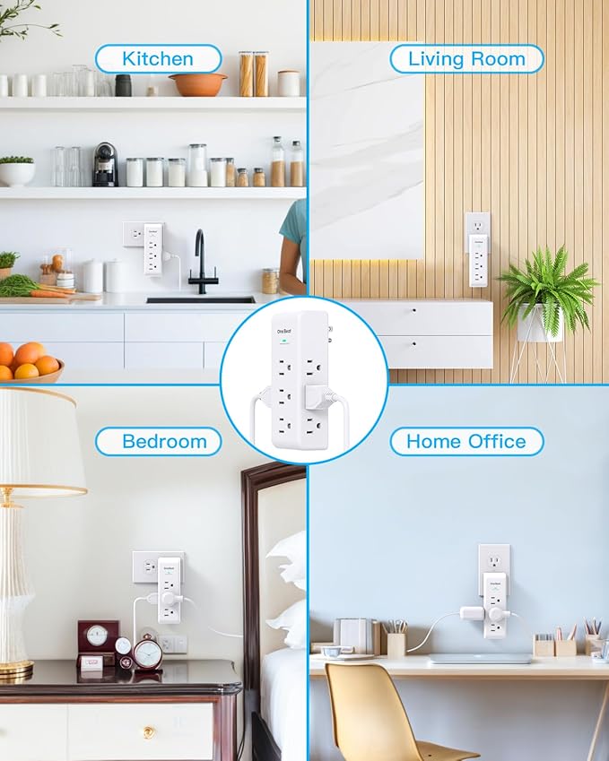 2 Pack Surge Protector Outlet Extender, 9 AC Multi Outlet Wall Plug with Rotating Plug, 1800J Wall Charger, 3-Sided Power Strip Electrical Plug Adapter Outlet Splitter for Home Office Dorm,White