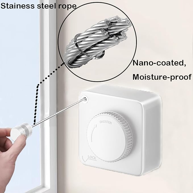 Retractable Clothesline Indoor,Bathroom Clothesline Retracting Heavy Duty Clothes Drying Laundry Line Travel Clothesline for Hotel Room Wall Mounted Stainless Steel Line-13.8 Feets,White