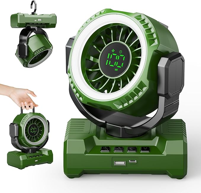 Portable Rechargeable Camping Fan, 20000mAh Battery Operated Fan with LED Light, 1-100 Stepless Speed, 1-12H Timer, Brushless Motor, Oscillating Desk Fan, Tent Fan with LED Display for Camping Travel