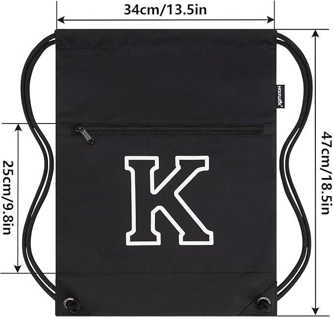HOLYLUCK Drawstring Bags Initial Backpack Sackpack Cinch Bags for Sports, Gym, Travel, Beach(Black-K)