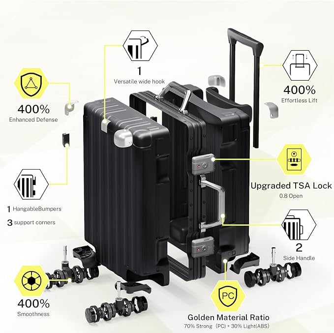 Krute Carry On Luggage 20 inch Aluminum Frame Luggage with Spinner Wheels Hardshell No Zipper PC+ABS TSA Lock Zipperless Suitcases Black