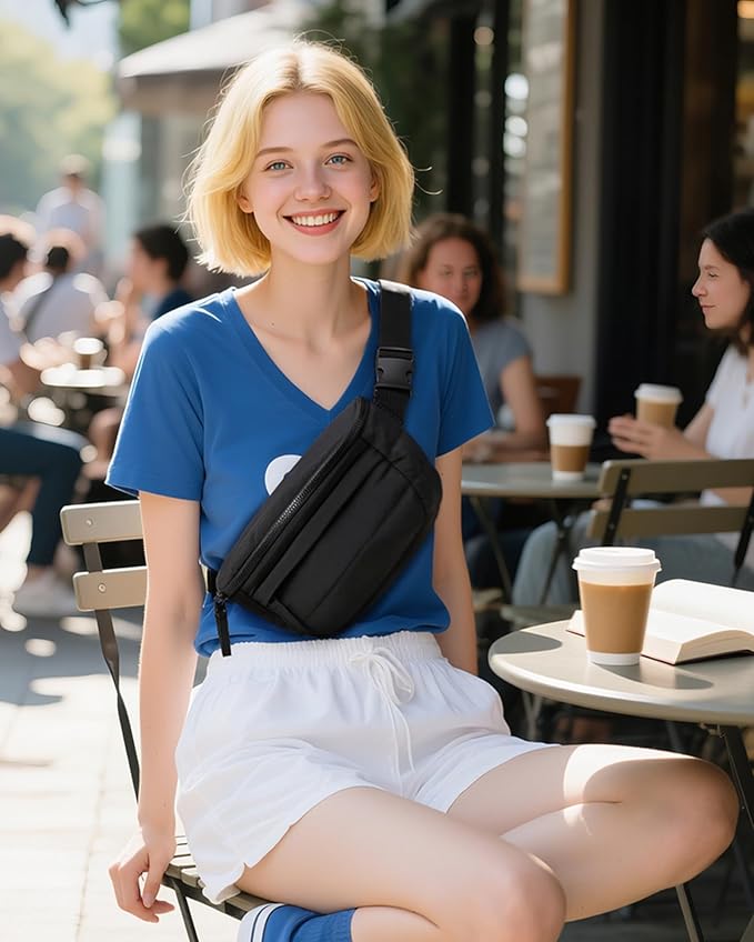 BAGSMART Fanny Packs for Women Cross Body, Lightweight Puffy Belt Bag with Multi Pockets Quilted Purse for Traveling Hiking Camel