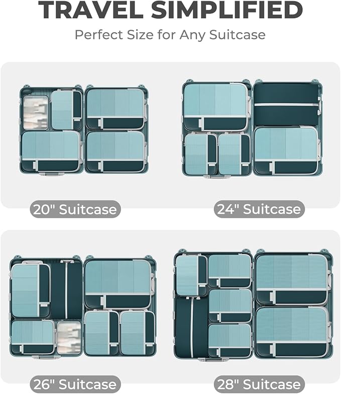Percover Compression Packing Cubes 8-Piece Set, Packing Cubes Compression for Travel with Laundry Bag & Shoe Bag, Travel Organizer for Carry On & Checked Luggage, Peacock Green