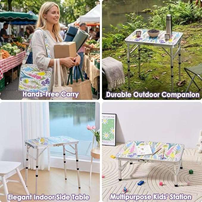 Folding Camping Table 2ft Portable Picnic Table Adjustable Height, Small Lightweight Aluminum Foldable Card Table,Hands-Free Carry for Outdoor Camp BBQ Beach (Blooming Floral with Shoulder Strap)