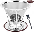 Pour Over Coffee Dripper - 304 Stainless Steel Filter, Paperless & Reusable Dual-Layer Metal with Base, 800 Mesh Steel Cone Filter, for 1-6 Cups Brew Coffee Maker (Brown)