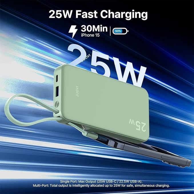 JUOVI 25W Portable Charger, 10000mah Power Bank Fast Charging with Built-in USB-C Cable, Battery Pack with LED Display, Portable Phone Charger for iPhone 17 16 15 14 Samsung S24 S23 iPad Tablets
