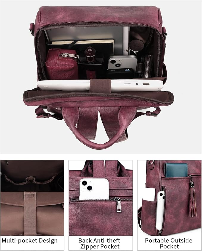 FADEON Leather Laptop Backpack for Women Designer 15.6 inch PU Laptop Bag, Ladies Travel Computer Work Backpack Red