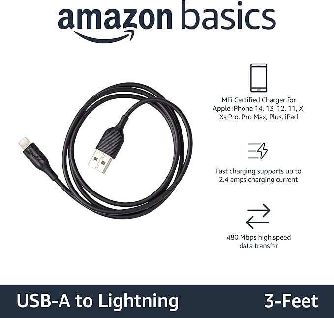 Amazon Basics 2-Pack Apple MFi Certified USB-A to Lightning Charging Cable for iPhone 14 13 12 11 X Xs Pro, Pro Max, Plus, iPad, 3 Foot, Black