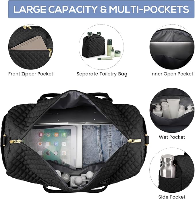 Travel Weekender Bags for Women - Duffle Bag Women with Shoe Compartment Carry On Overnight Bag with Toiletry Bag Duffel Bags with Wet Pocket for Gym Hospital Bags Black for College