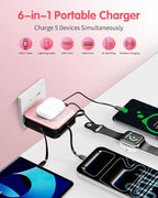 6-in-1 for Magsafe Portable Charger with Built-in Cables & Wall Plug,10000mAh Magnetic Wireless Power Bank,22.5W Fast Charging USB C Battery Pack,Travel Essentials for iPhone 17/16/15/14/13/12,Pink