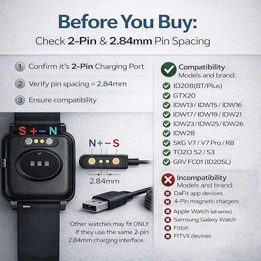 [3-Pack] Smartwatch Charger, 2-Pin Magnetic Charging Cable for IDW13/15/16/17/19/21/23/25/26/28, ID208, GTX20, Compatible with VeryFit/VeryFitPro App Models Smart Watch, Black
